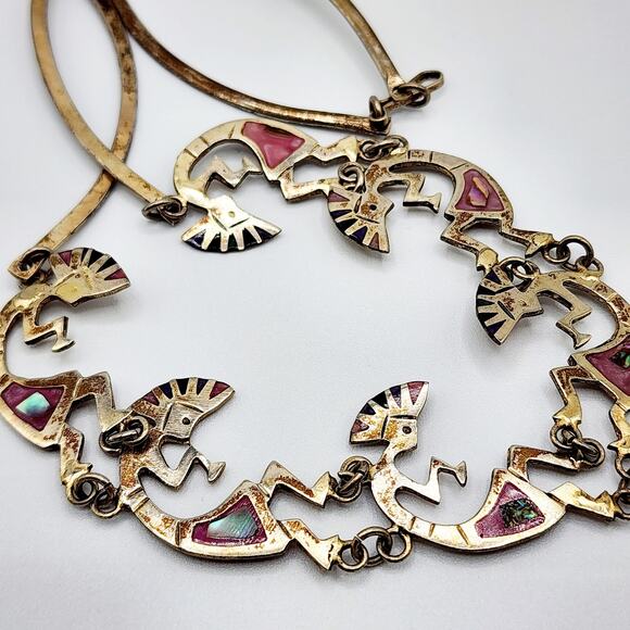 Vintage Mexican Alpaca Kokopelli Bib Necklace Pink & Blue Abalone Inlay 21" - Picture 3 of 5